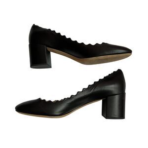 Chloe Scalloped Black Leather Pumps